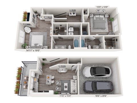 Floor plan for 2 beds, 2.5 baths, 1352 sqft